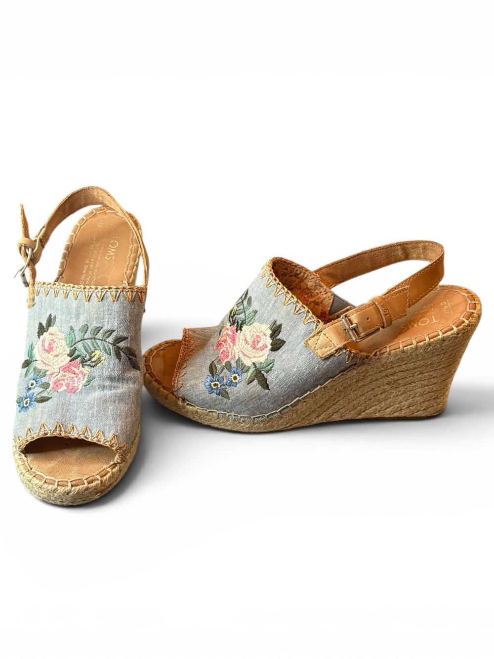 Toms Light Blue Denim Embroidered Wedge Sandals with Brown Straps 0002